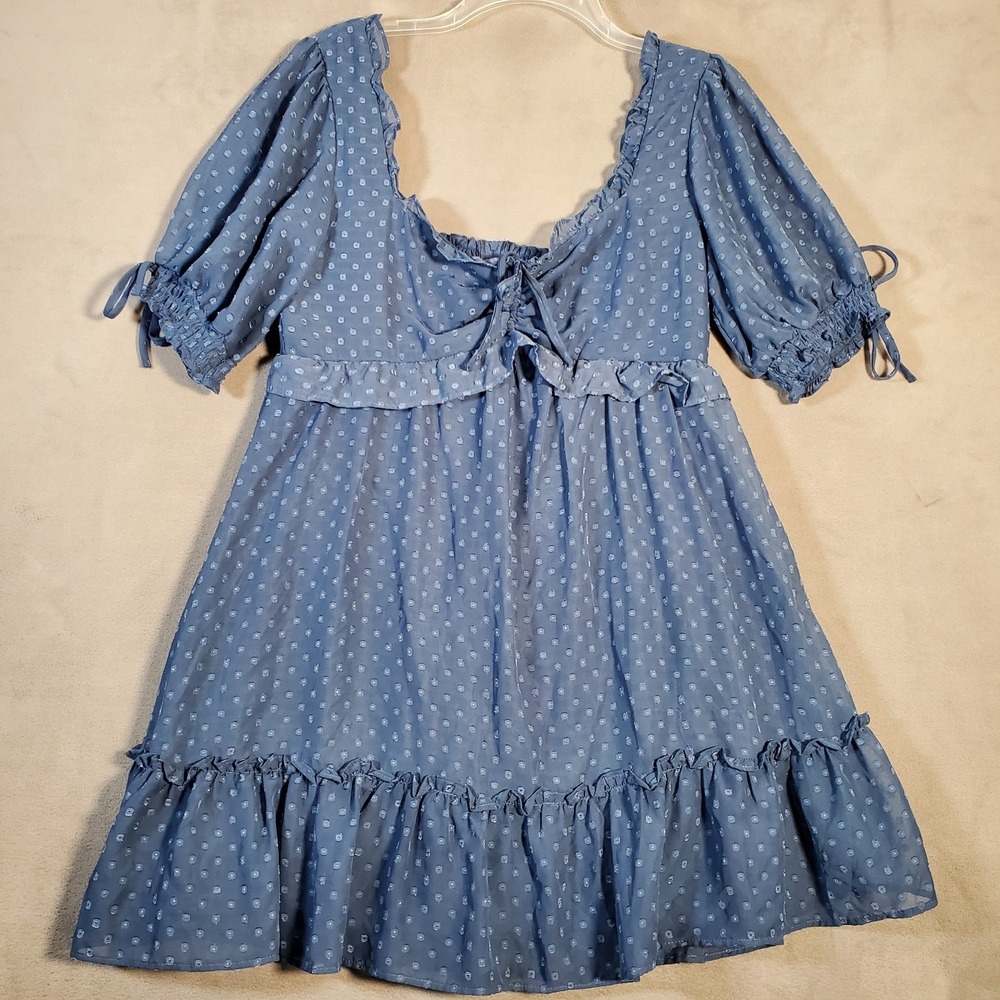 B Darlin Dress Women 7/8 Blue Dotted Swiss Babydoll Puff Sleeve Milkmaid Peasant